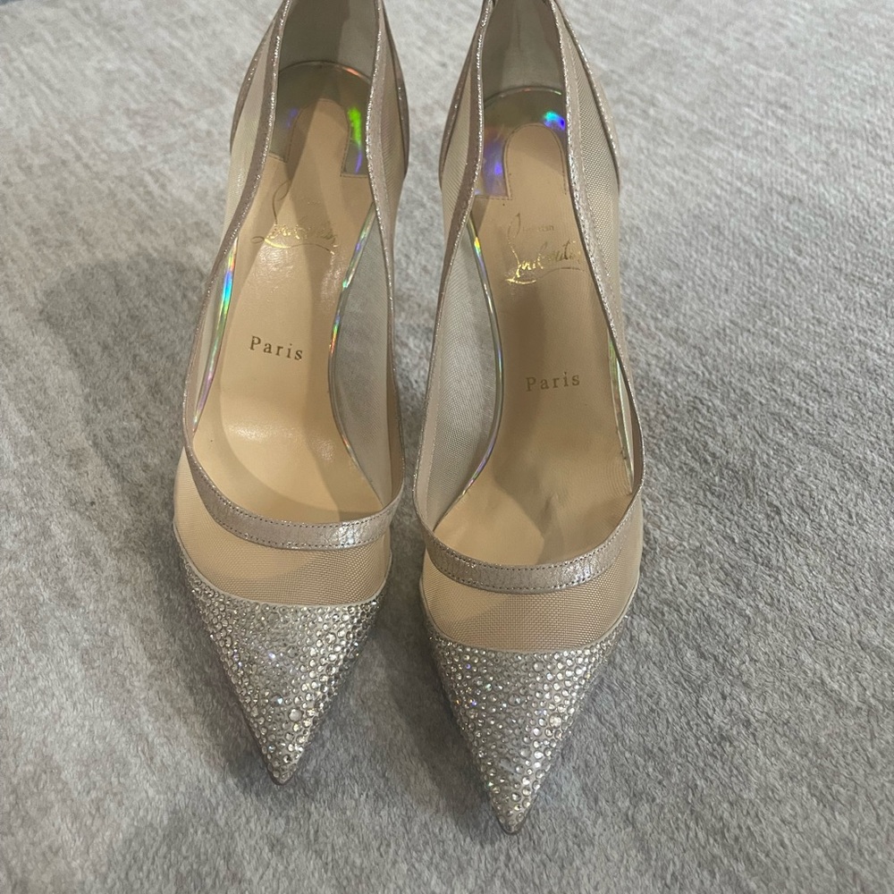 Christian Louboutin Silver and Cream Heels with Sparkling Embellishments